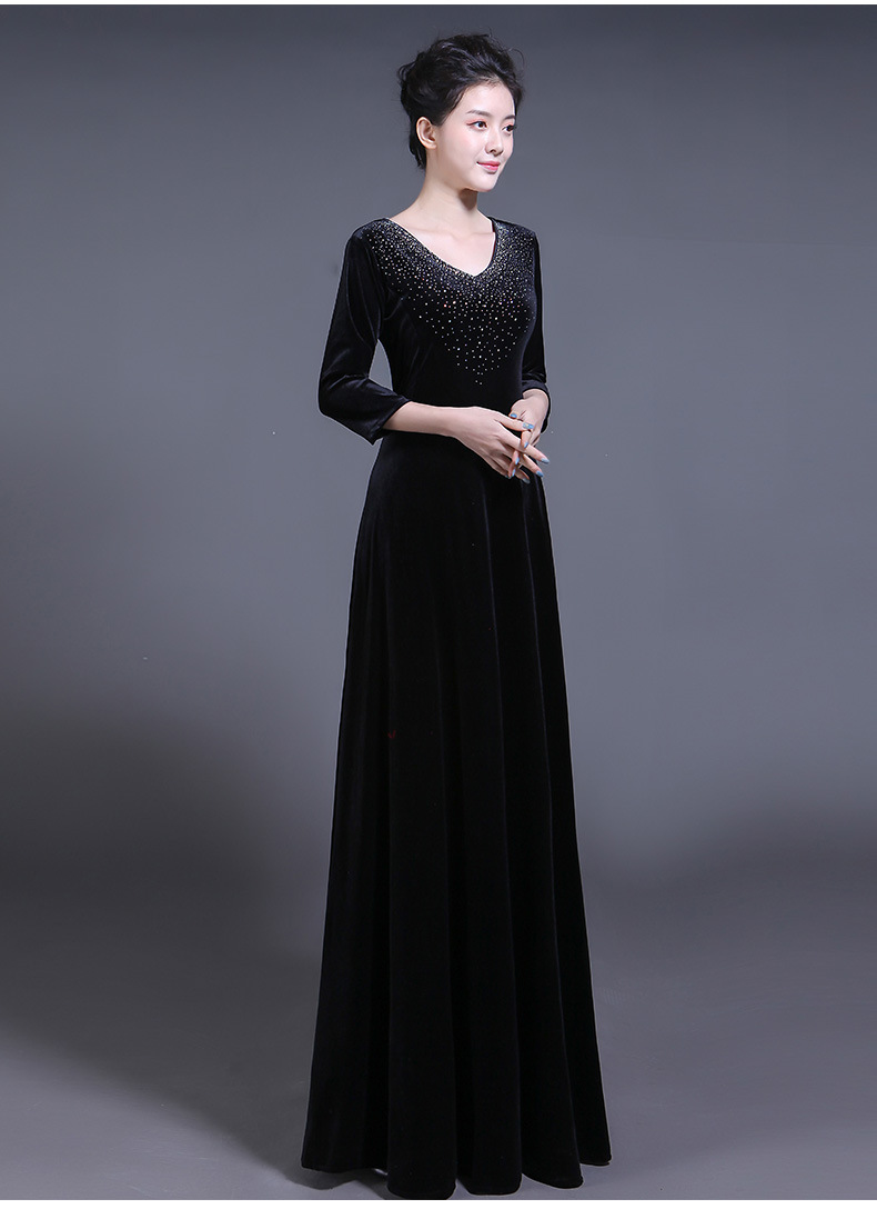 成人新款中老年合唱团演出服长裙乐团指挥礼服舞台服装金丝绒主持红色