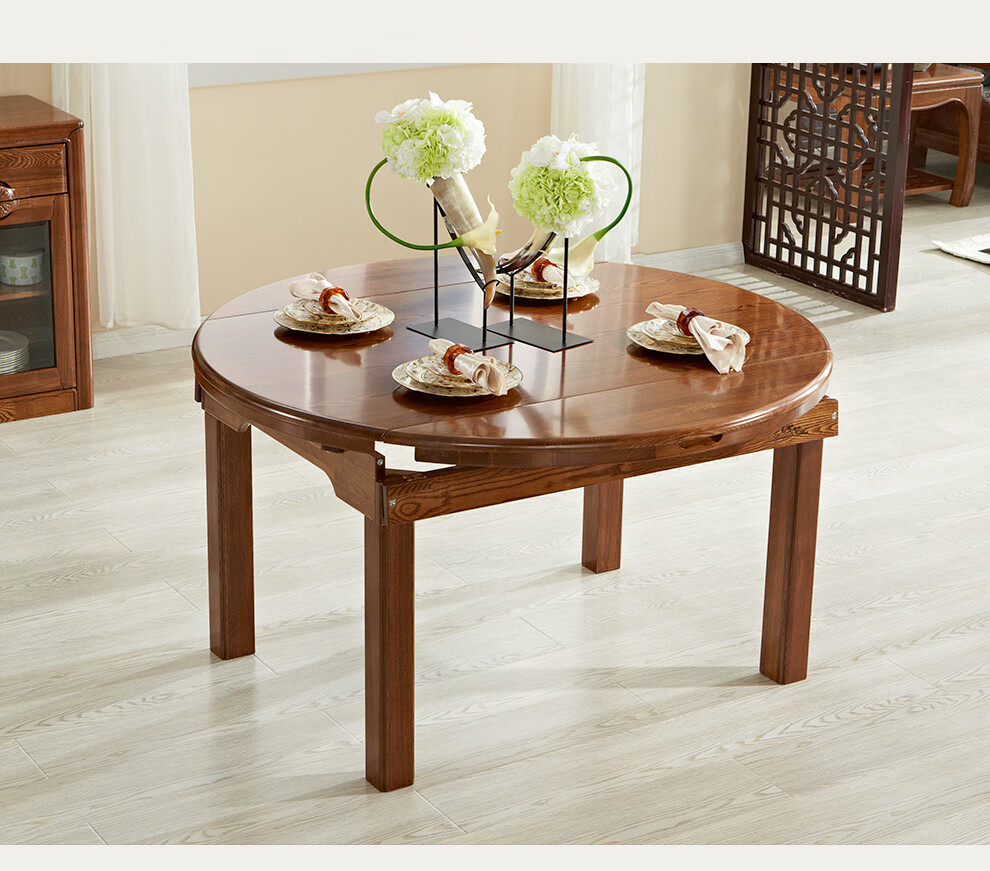 光明家具 折叠餐桌现代中式俄罗斯水曲柳餐桌实木可伸缩饭桌4161 套装