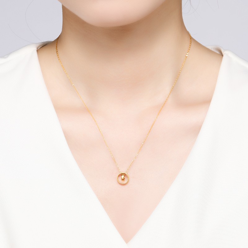 潮宏基 心牵挂 5g工艺黄金项链女士足金项链双环吊坠金链子锁骨链套链