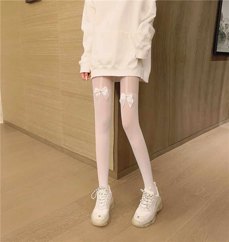 芙洛纯 ita日系白色蕾丝拼接蝴蝶结丝袜女性感萝莉打底连裤袜春秋薄款
