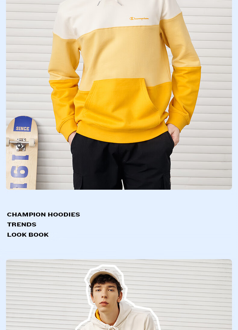 champion冠军草写小logo渐变条纹拼色套头连帽卫衣 灰色拼接 s【图片