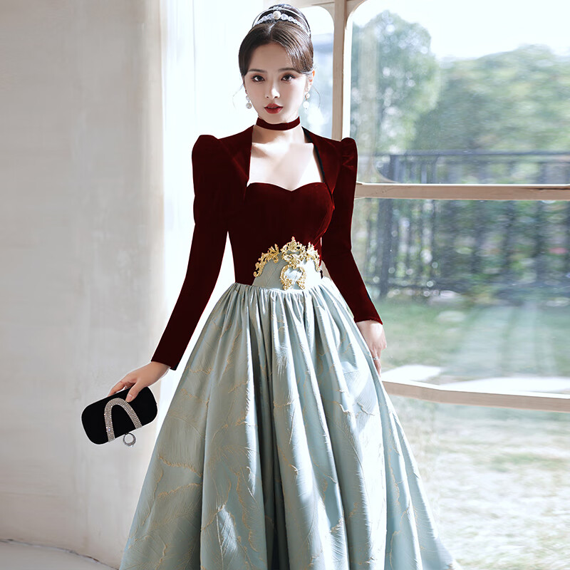 成人礼服女公主裙黑色高级感主持人轻奢小众订婚 酒红抹胸礼服-外套