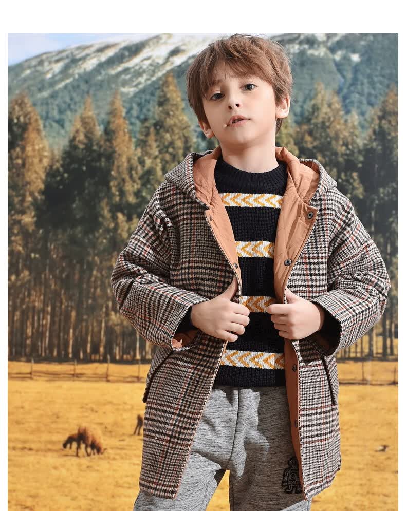 铅笔俱乐部童装男童格子外套2021秋冬新款儿童夹棉呢子英伦风连帽