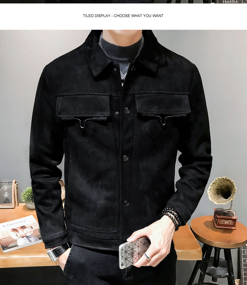 麂皮外套男潮牌春秋装休闲衣服韩版修身潮流百搭翻领上衣男士夹克初