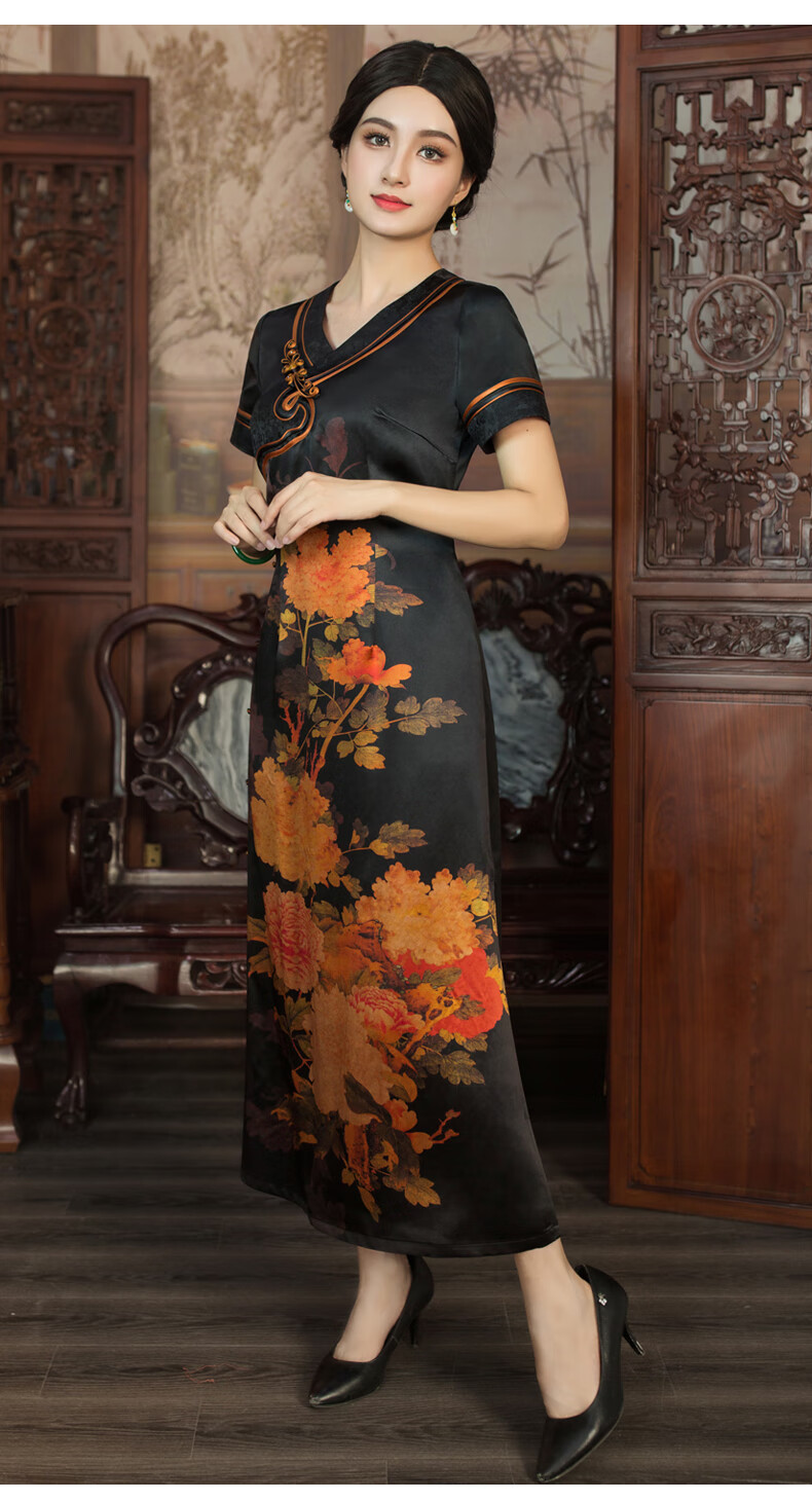 华族经典真丝桑蚕丝高端香云纱定位花妈妈传统旗袍女夏季长款短袖120