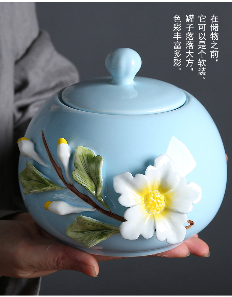 茶叶罐陶瓷罐密封存储罐述瓷宣手工花茶叶罐陶瓷密封罐存储带盖家用放