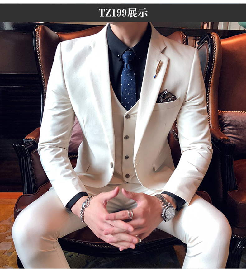 选】白色双排扣西装男韩版潮流青年一套帅气休闲男士西服套装结婚礼服