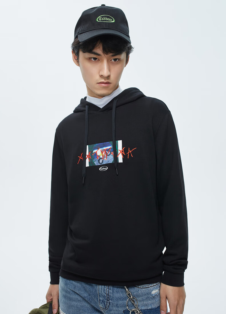 卡宾(cabbeen) 卡宾男装黑色连帽长袖卫衣街头涂鸦风宽松潮 煤黑色01