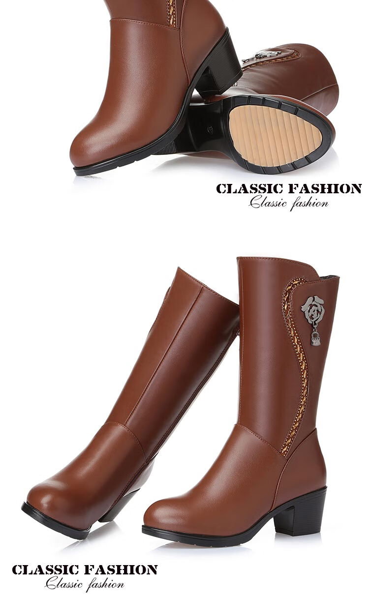 京树 女士半高跟半筒靴粗跟皮鞋冬季真眞皮加绒中筒靴女中跟羊毛女靴