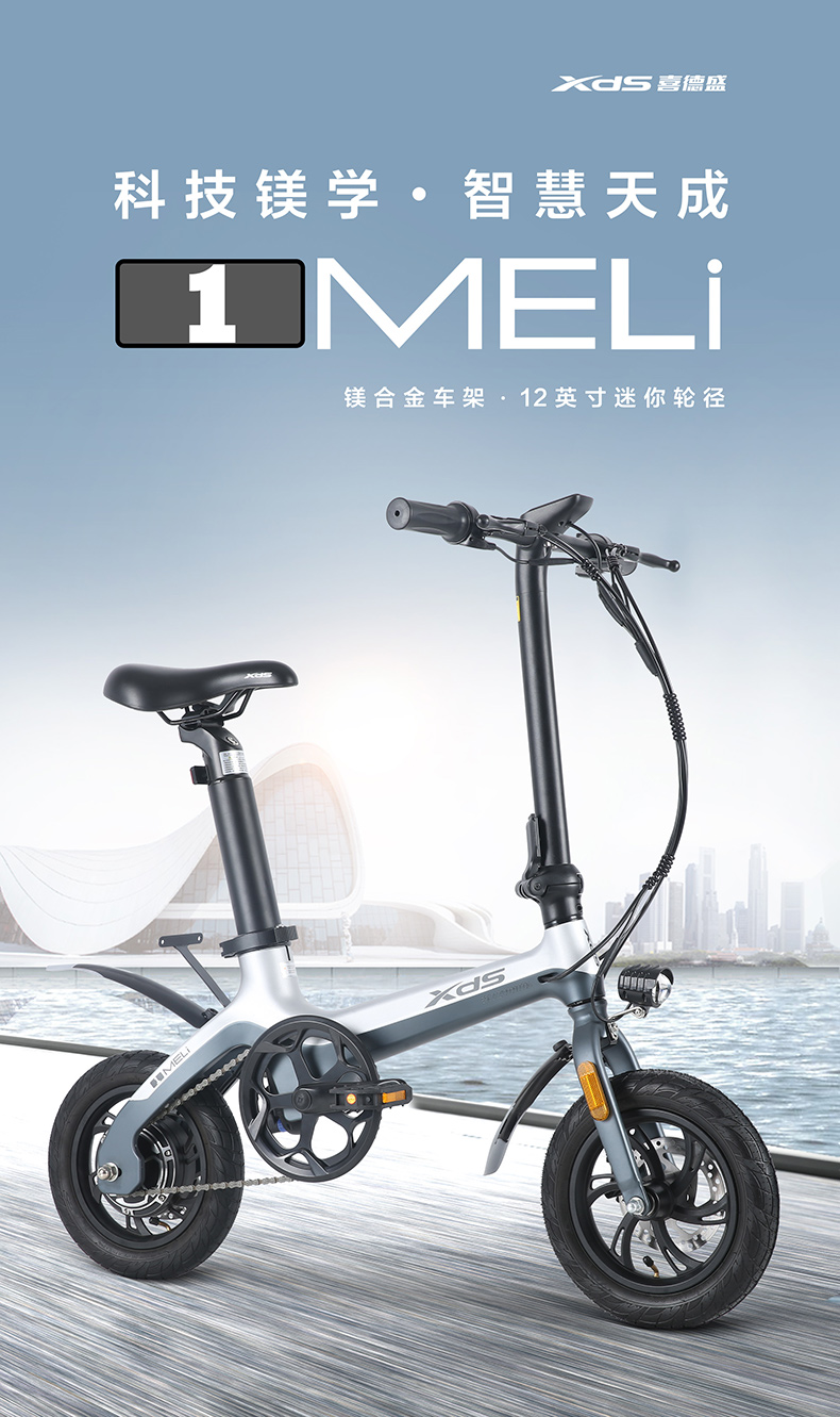 喜德盛电动自行车meli镁合金12吋一体轮36v10ah电动电助力车白绿色
