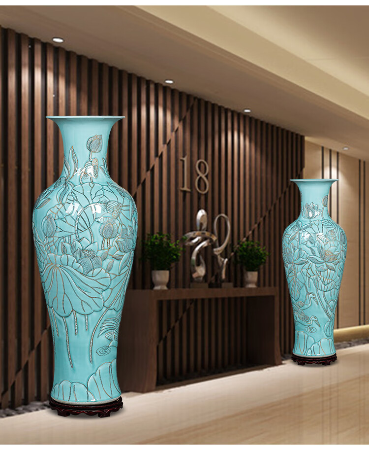 瓷工宅 景德镇陶瓷器手工描金龙泉青瓷牡丹落地大花瓶客厅家居装饰品