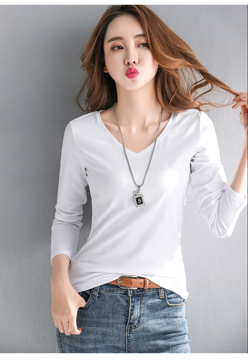 打底衫女2019新款秋冬百搭长袖t恤修身v领秋衣内搭鸡心领黑色上衣