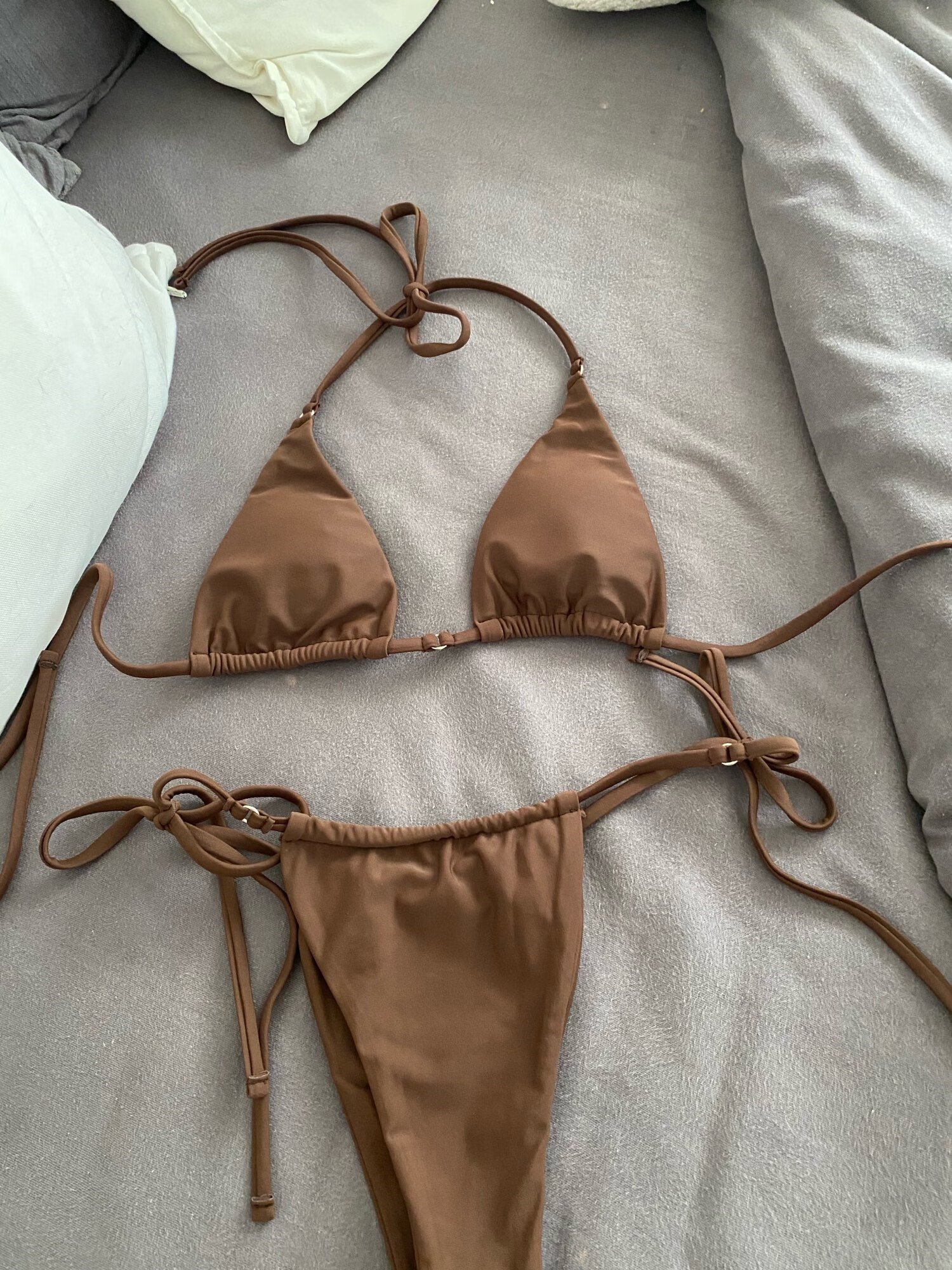 欧美性感大胸绑带分体bikini 印花三角半包臀比基尼泳衣泳装 黄色 l