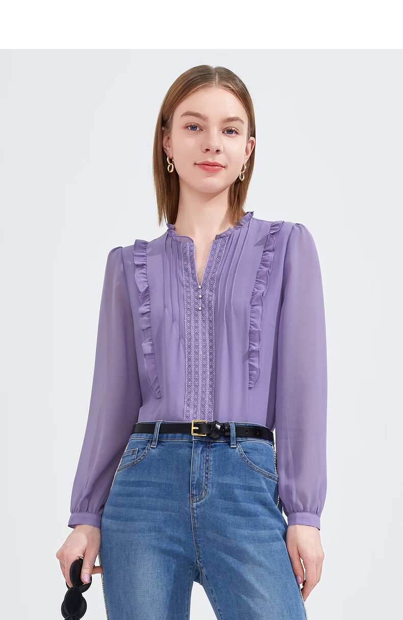 jz玖姿简约通勤雪纺小衫女2022春季新款长袖气质花边钉珠单上衣素黑xs