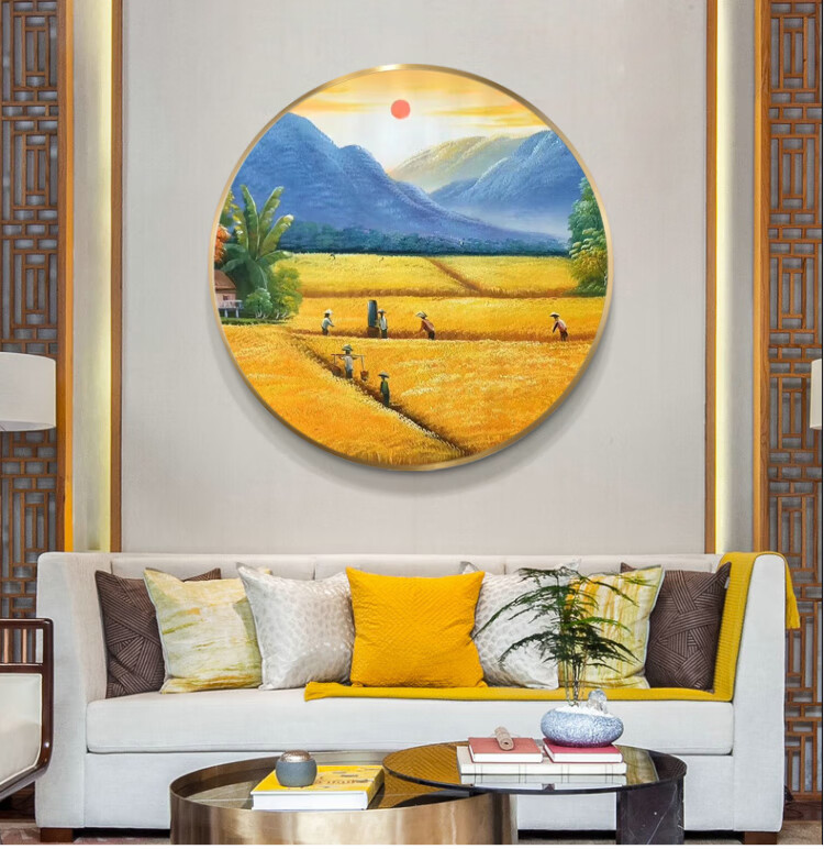 百莺 轻奢高端圆形麦田丰收景手绘油画入户玄关走廊过道挂画装饰画