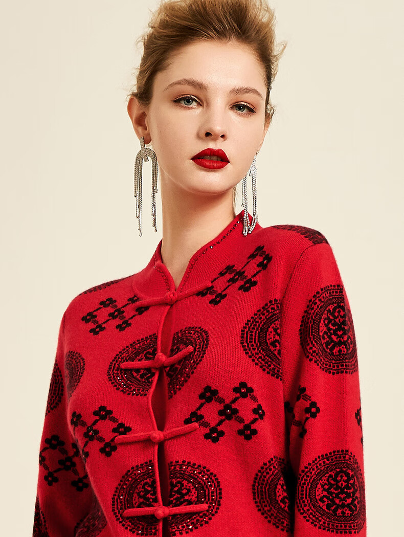 【商场同款】米皇秋冬新品民族风开衫羊绒衫女加厚纯羊绒针织衫 茜红