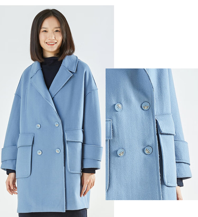 布景毛呢外套女简约风polo领长袖大口袋中长款纯色羊毛大衣 海雾蓝 l
