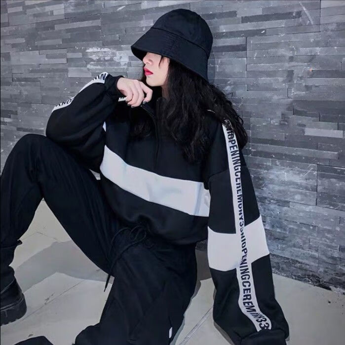 休闲裤子女薄/加绒裤子女韩版帅气宽松嘻哈链条高腰显瘦束脚工装裤