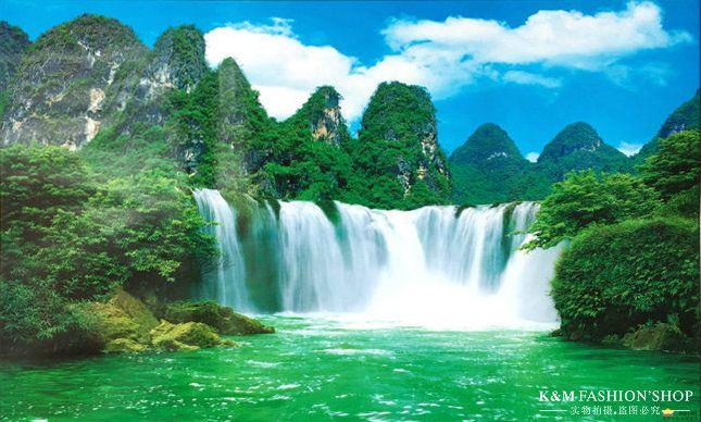 自粘贴纸大自然印刷大幅桂林大厅风景画墙纸壁画纸画山水春天墙上定制