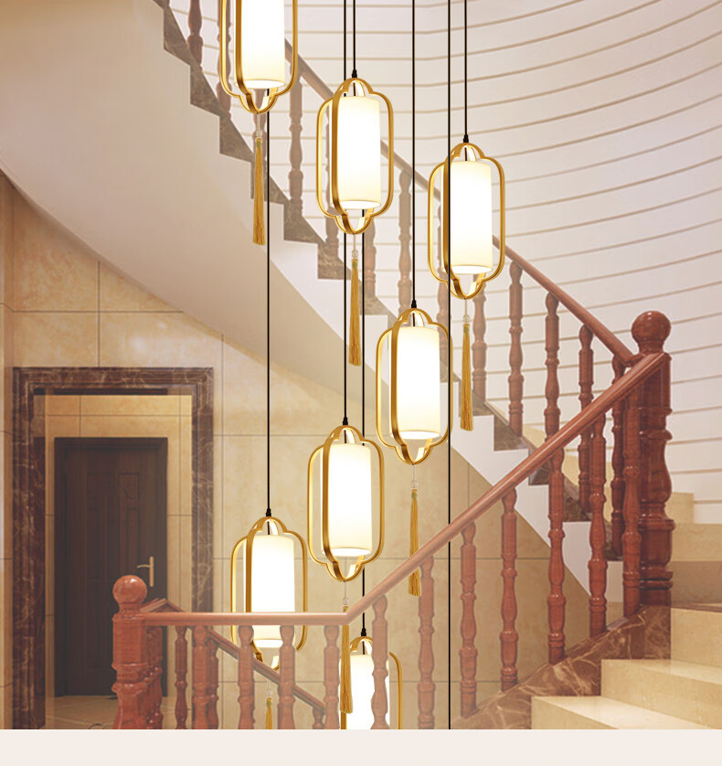 简纤现代新中式楼梯长吊灯简约创意书房餐厅别墅复式楼梯间旋转小吊灯
