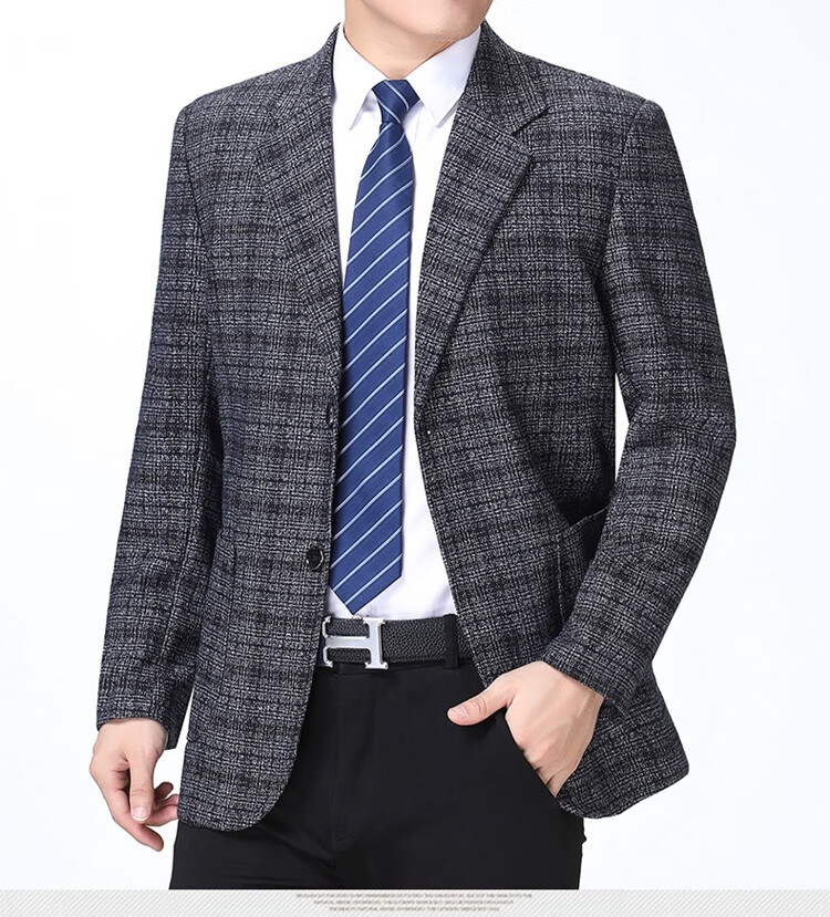 品牌)春秋男装修身型休闲西服外套岁爸爸装格子上衣中年男士单件西装