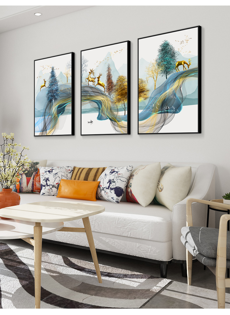 醒美客厅装饰画创意抽象招财风水麋鹿画沙发背景墙壁画现代简约三联画