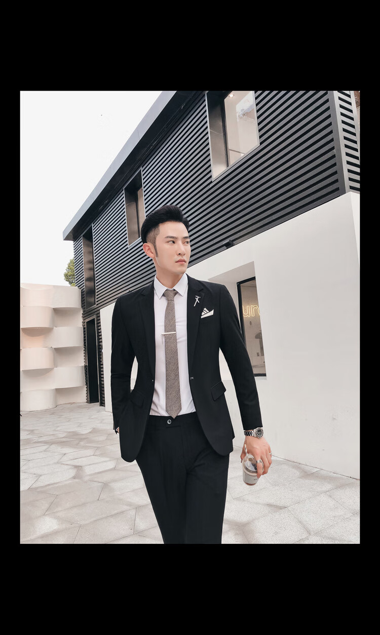 休闲西装男帅气套装网红青年潮流小西服男士韩版单西潮一套 黑色两件