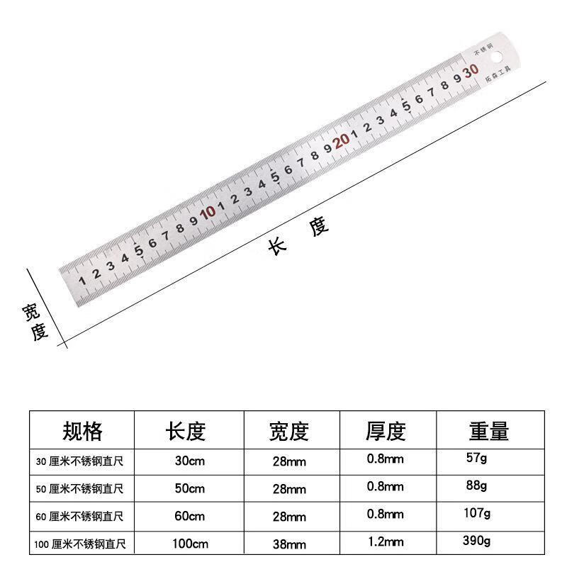 不锈钢直尺加厚学生钢板尺30cm50cm1米钢直尺子双面刻度测量工具直尺