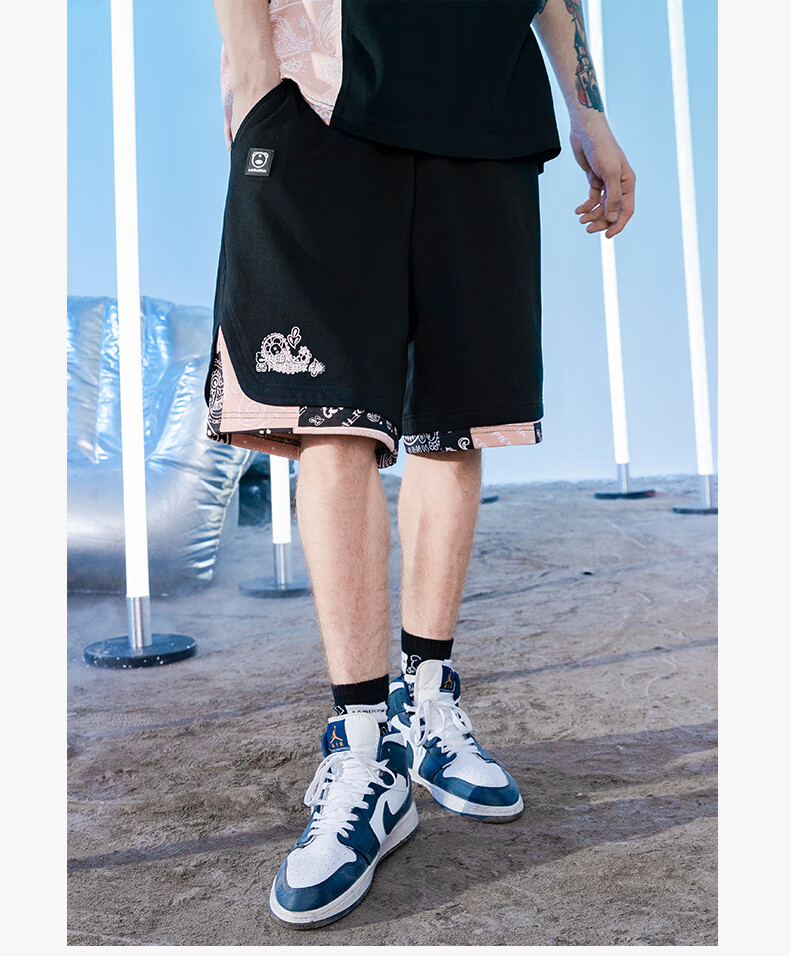 天龙致尊denon supreme短裤男女潮牌腰果花拼接联名款oversize宽松大