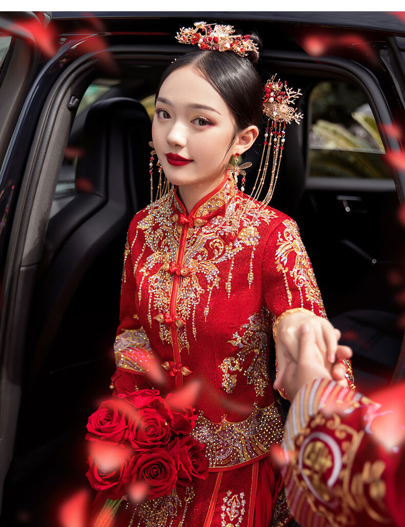 大码秀禾服新娘礼服200斤胖mm新娘孕妇遮孕肚显瘦禾秀服勤太太 烫钻红