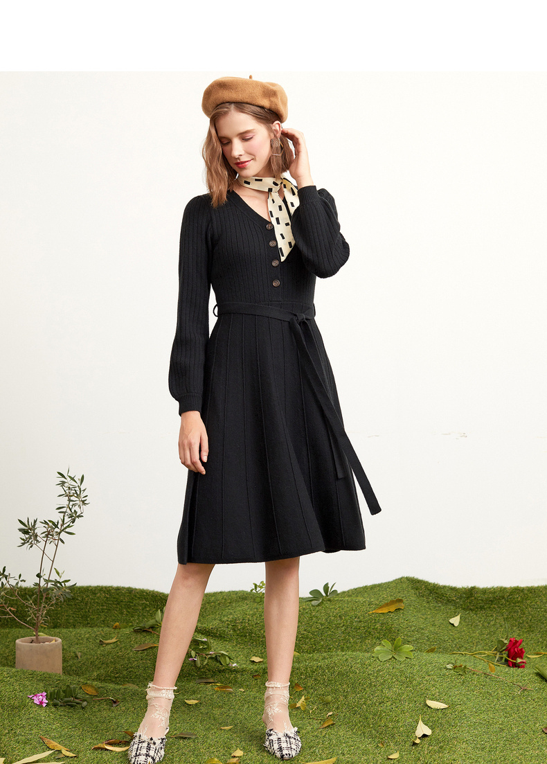 betu百图女装荷叶边长袖针织连衣裙女中长款冬装新品内搭加厚毛衣裙