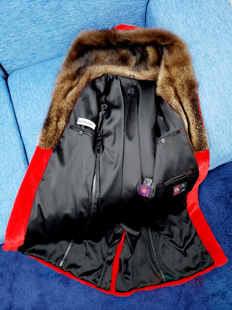 七匹狼宝嘉美貂皮整貂皮大衣男进口宝嘉美天鹅绒渔貂毛披肩帽中国红