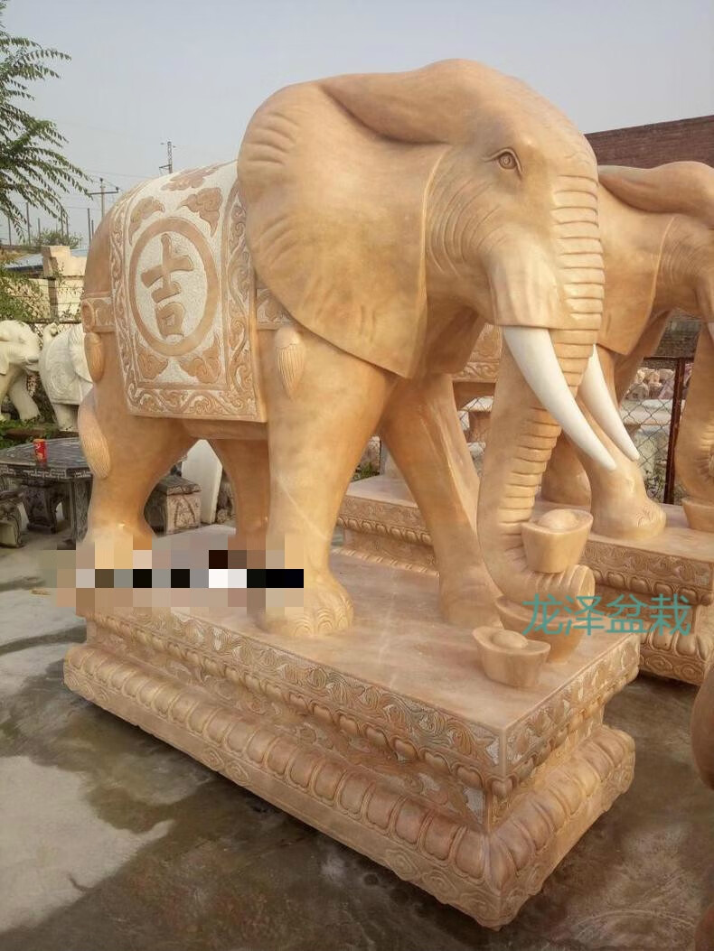 石雕大象 一对汉白玉 晚霞红石象订做风水看门象石头吉祥如意摆件