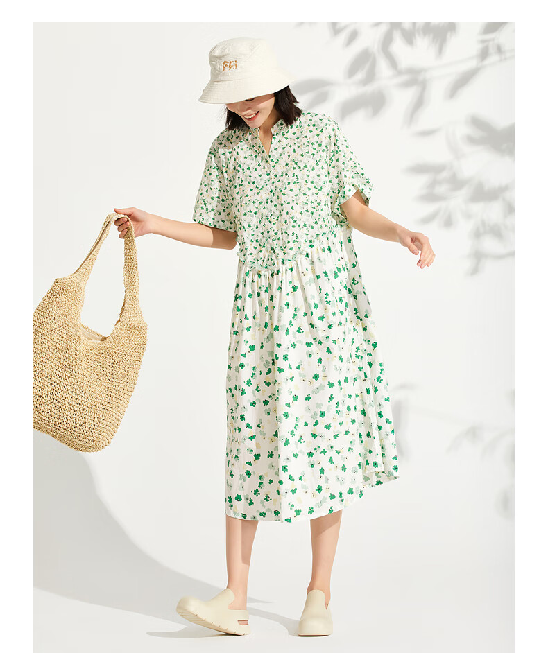 飞鸟和新酒印花连衣裙女2022夏季新款中长款修身显瘦v领短袖裙满幅