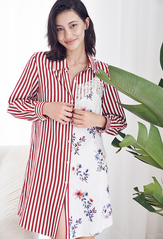 爱慕睡衣女家居服女士春夏衬衫家居服睡衣彤漪蔷薇长袖衬衫裙ah440621