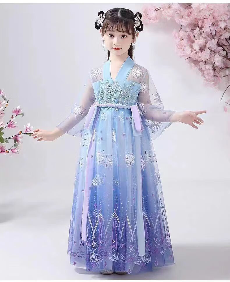 儿童汉服中国风飘逸超仙春秋女童秋夏公主唐装纱裙女孩新春季古装蓝色
