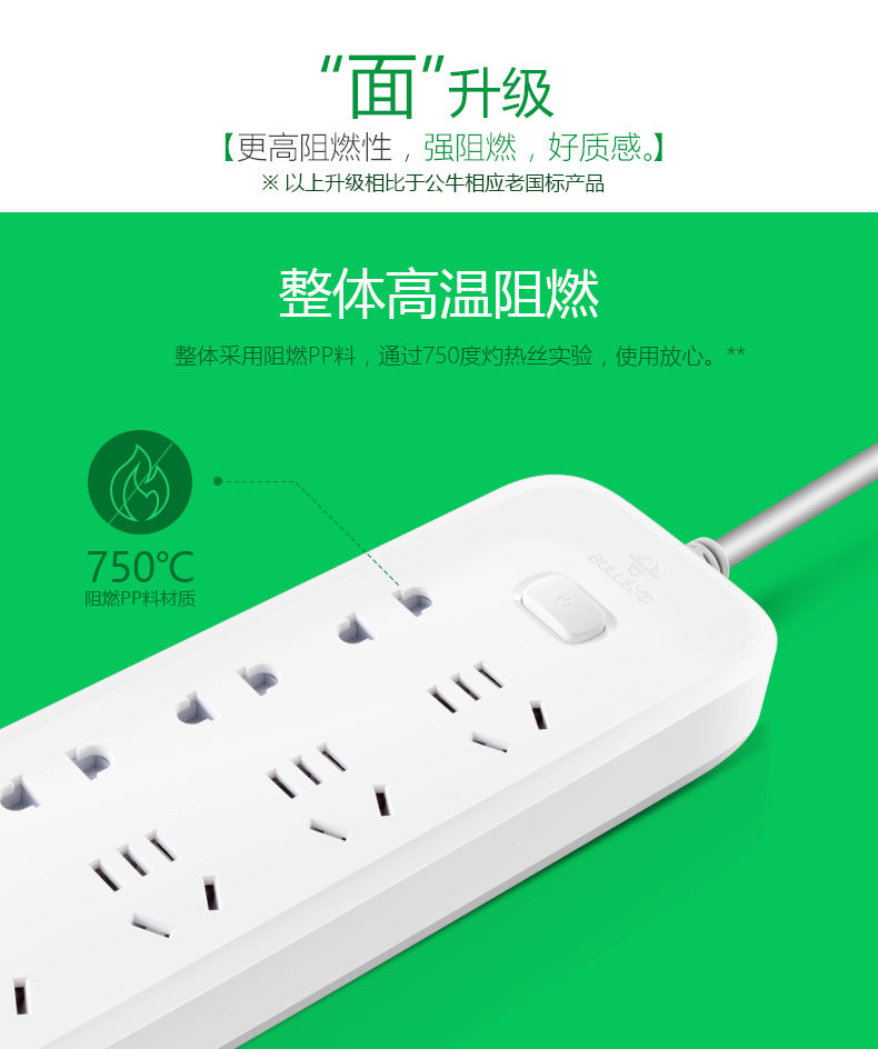 公牛牌多功能插座多孔插座板带线长线学生宿舍家用插排插板插线板3个