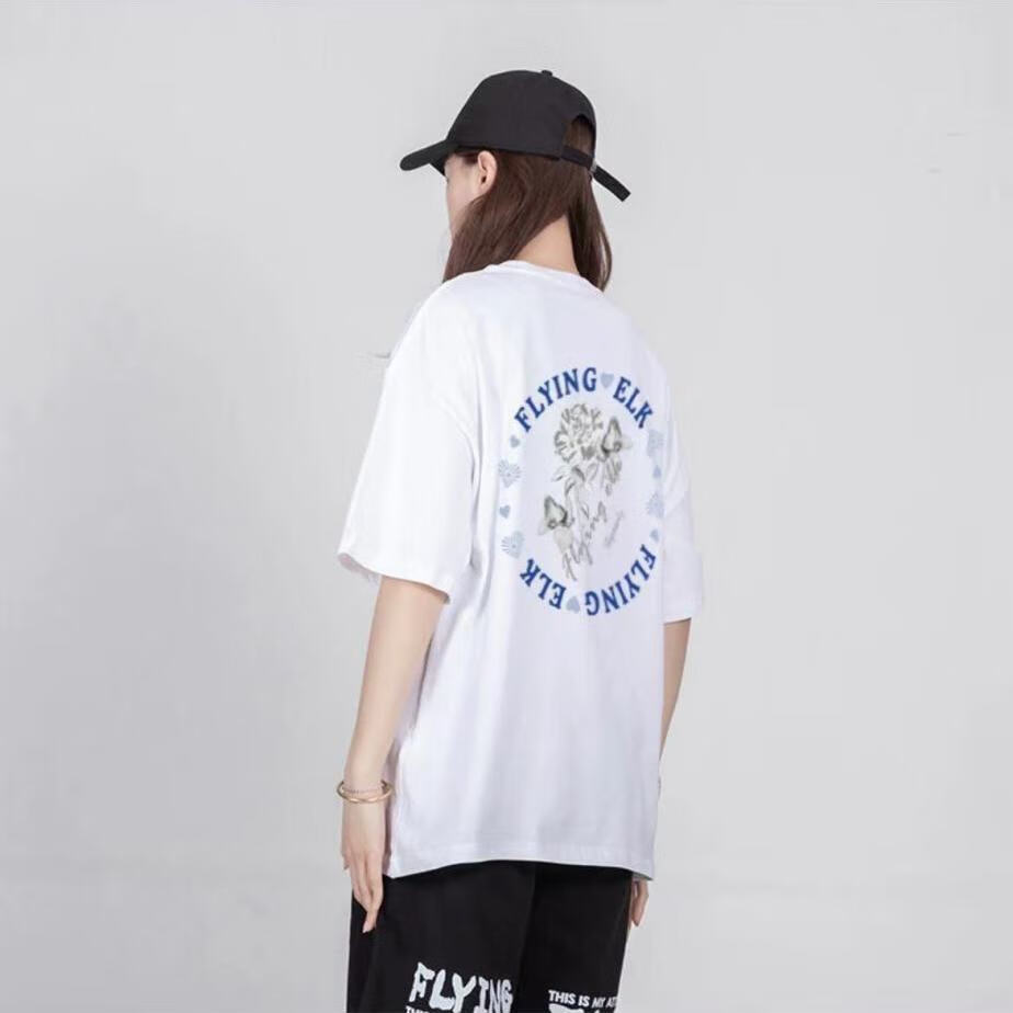 【得物同款】flying elk 圆圈花卉字母logo印花纯棉宽松短袖t恤情侣款