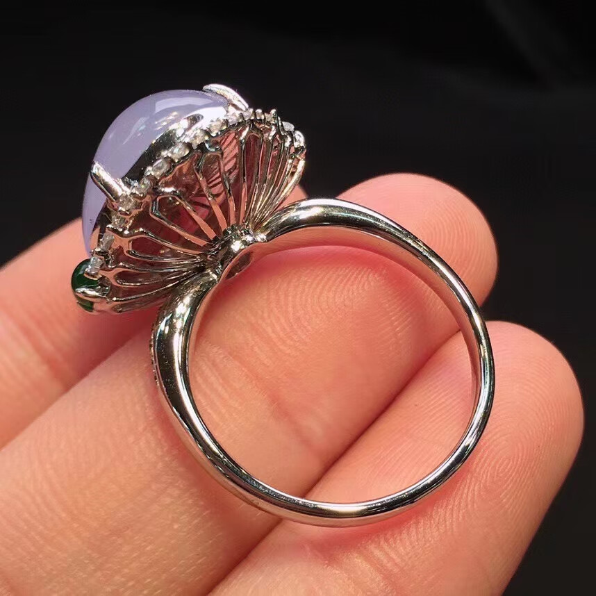 玉临门冰种紫罗兰翡翠蛋面戒指女18k金镶嵌钻石饱满圆润纯正a货紫罗兰