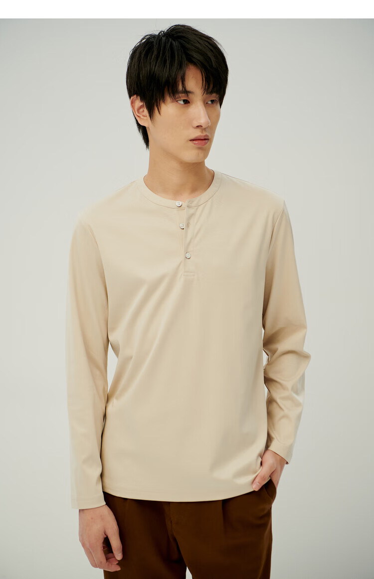 棉先生亨利领全棉液氨长袖t恤男纯色长袖打底衫秋季浅水蓝xl