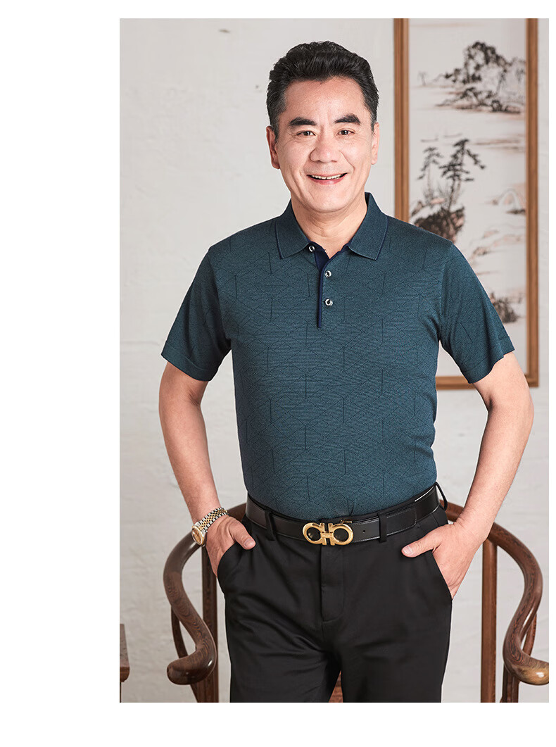 古莱登中年人短袖翻领tt恤男中老年宽松半袖爸爸夏装老人五分袖针织