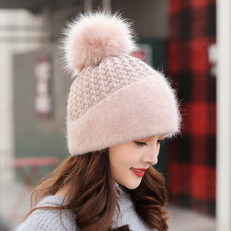 帽子女冬休闲百搭针织毛线帽冬季韩版潮兔毛帽秋冬保暖贝雷帽加厚