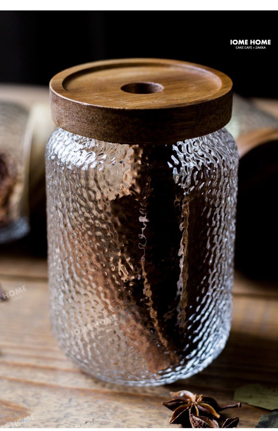 锤纹玻璃瓶密封罐高硼硅厨房调料罐子带盖木储物罐干果杂粮茶叶罐相思