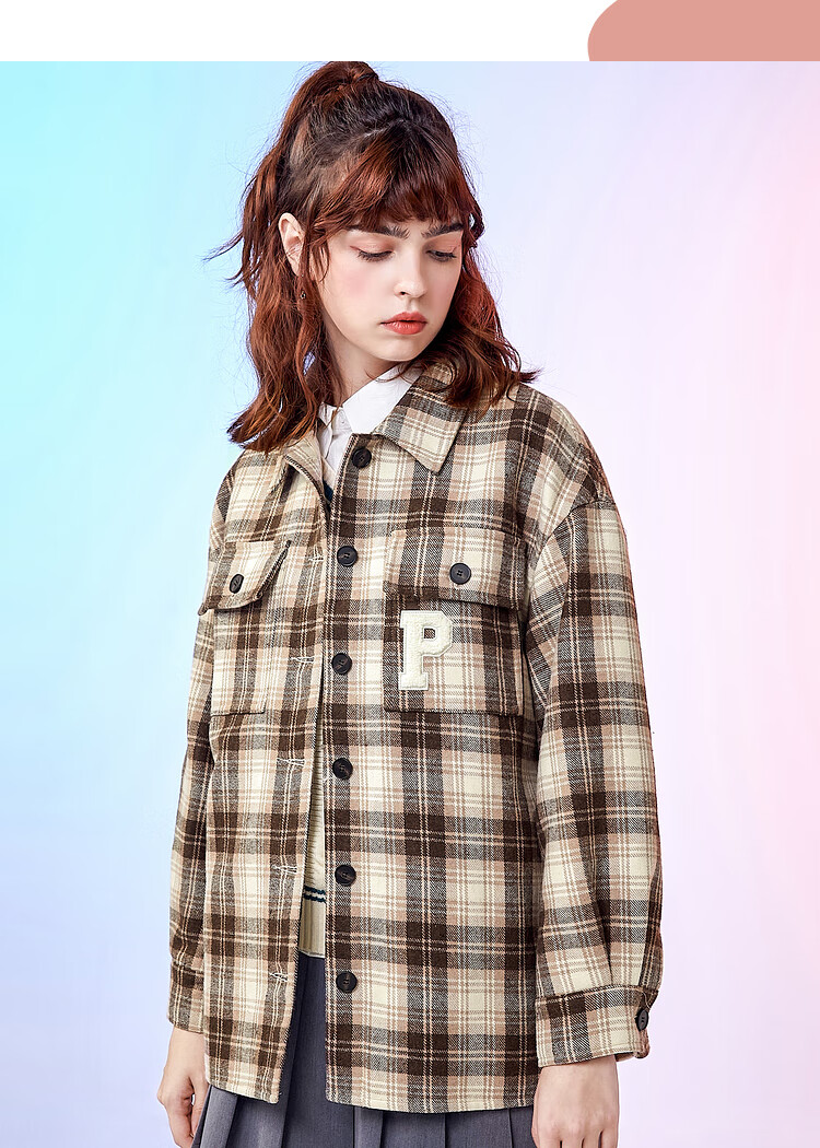 三福2021冬季女新派学院双口袋设计单外套时尚上衣女446477 咖啡格