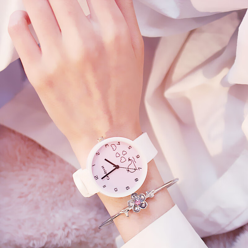 手表女学生小仙女韩版简约初中生可爱少女心小清新 白带粉面