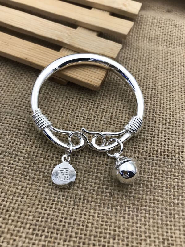 手工雪花银手镯999足银定制实心圆条开口马蹄形白银银镯送女友男友