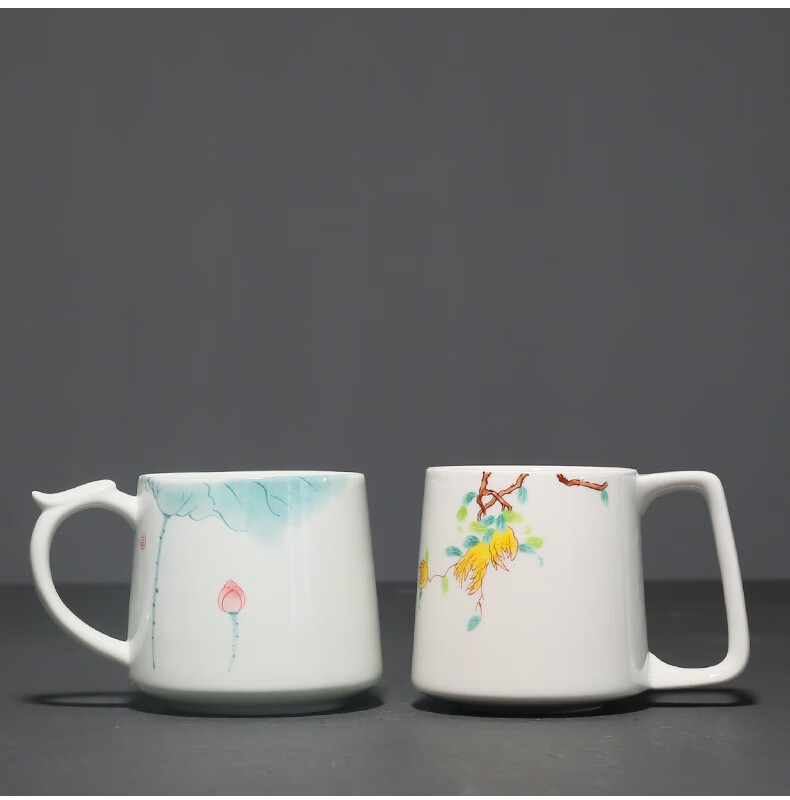 骏顶裕晨(jundingyuchen) 手绘荷花水杯陶瓷杯子创意马克杯定制办公室