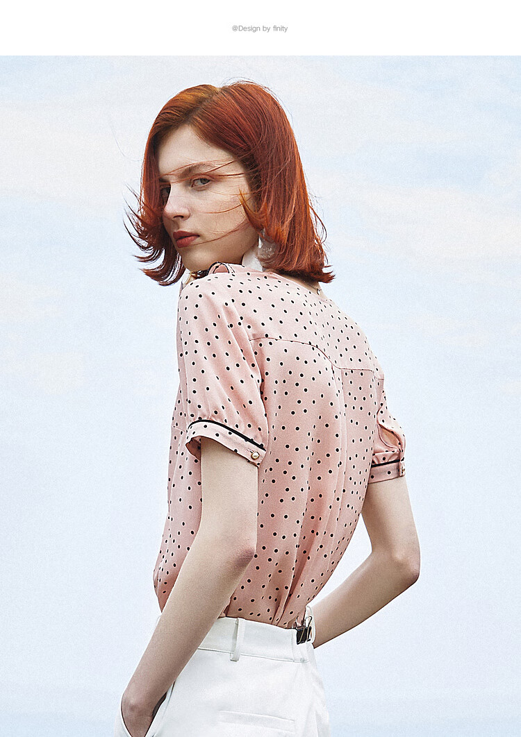 菲妮迪(finity)2021年夏装新款波点花边雪纺衫女短袖气质减龄轻薄套头