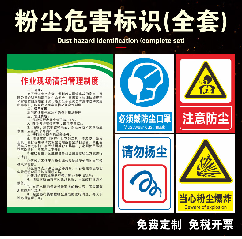 粉塵清掃清理管理制度粉塵危害標識牌粉塵職業病告知卡注意防塵警示牌