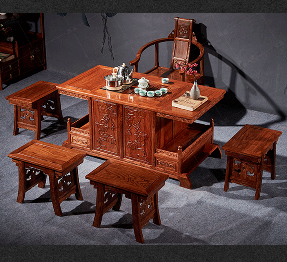 非洲花梨(学名:刺猬紫檀)实木茶桌椅组合 中式茶几桌功夫茶台茶桌仿古